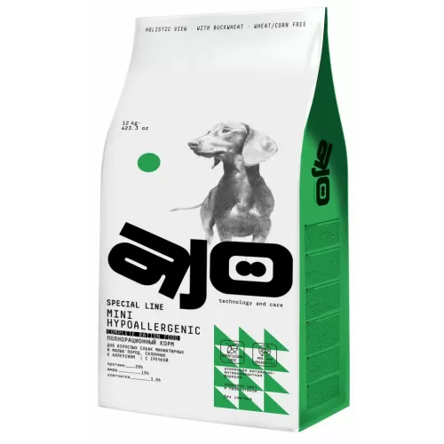 AJO Dog Mini Hypoallergenic Сухой полнорационный корм с гречкой для взрослых собак миниатюрных и малых пород, склонных к аллергиям 12 кг